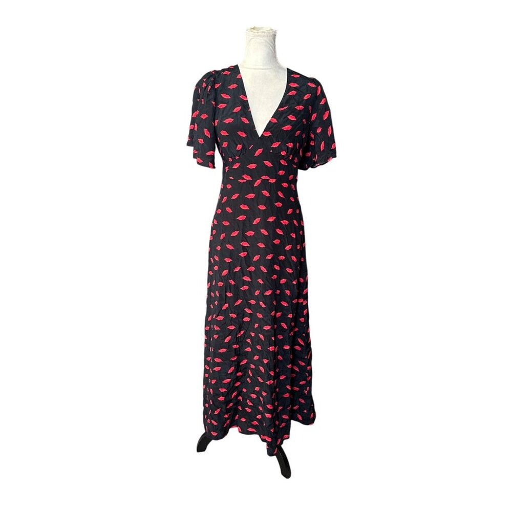 A New Day Black & Red Lip Print Midi Dress Size 2 Whimsical Dreamy Flowy